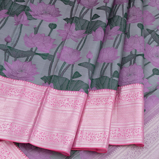Lotus Pond Silk Saree With Pink Kanchi Border