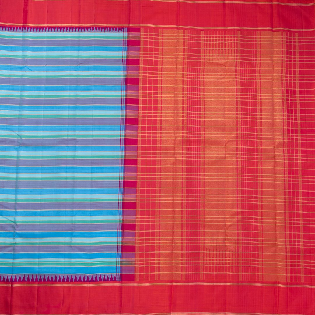 Tricoloured Striped Silk Saree With Red Temple Border
