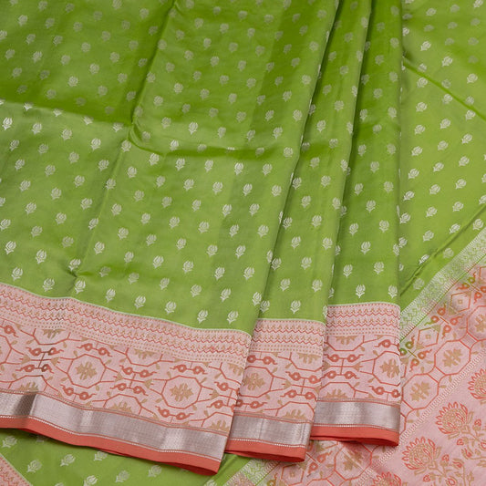 Green Soft Silk Saree With Silver Zari And Pink Border
