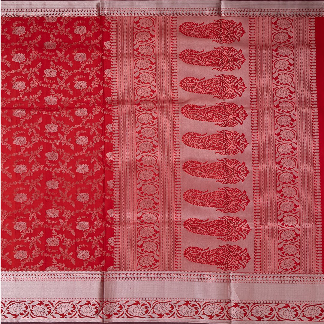 Red Color Brocade Soft Silk Saree With Silver Zari Work
