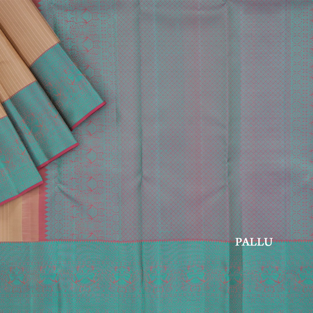 Sandal Shaded Microchecked Silk Saree With Two Layered Thread Worked Border