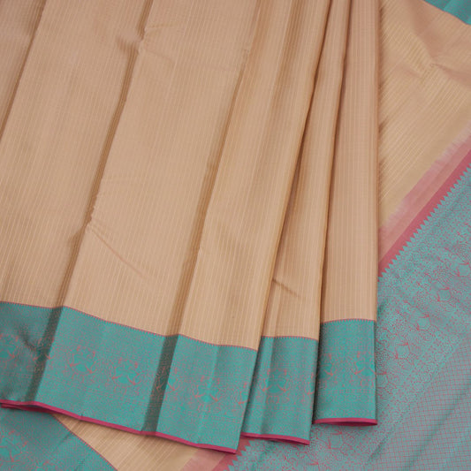 Sandal Shaded Microchecked Silk Saree With Two Layered Thread Worked Border
