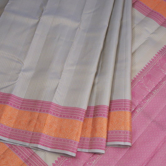 Light Grey Microchecked Silk Saree With Two Coloured Thread Worked Border