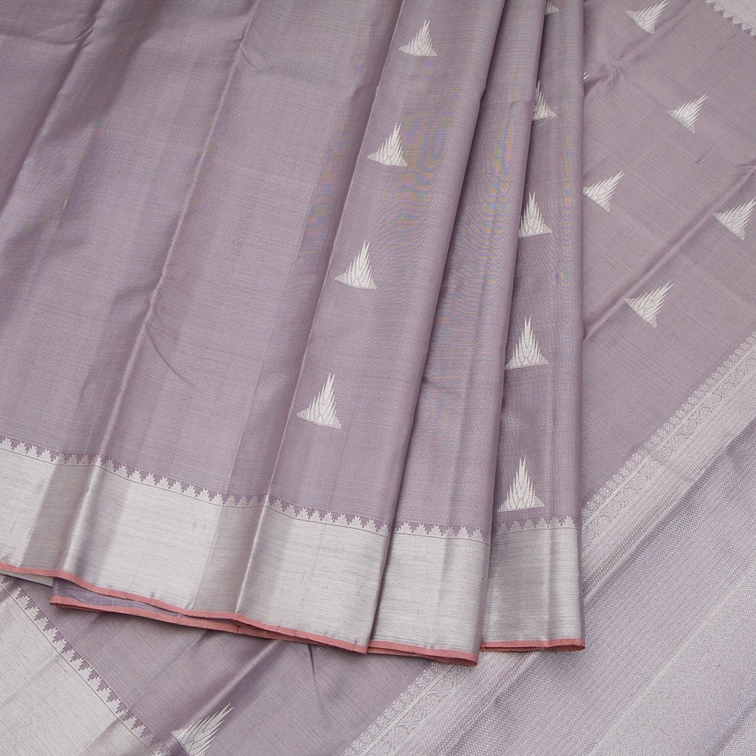 Lilac Tissue Silk Saree With Silver Zari Motifs And Gatti Zari Border
