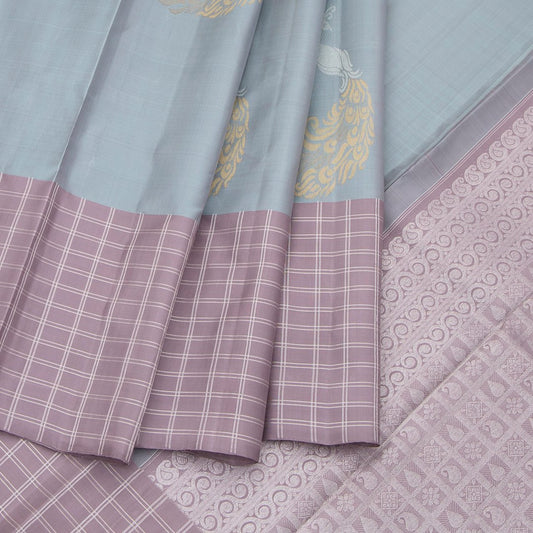 Sky Blue Silk Saree With Peacock Motifs And Checked Lavender Border