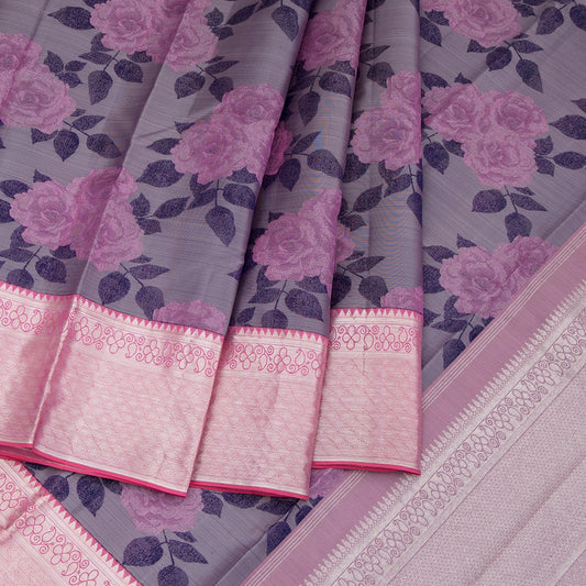 Grey Silk Saree With Dlush Rose Pattern