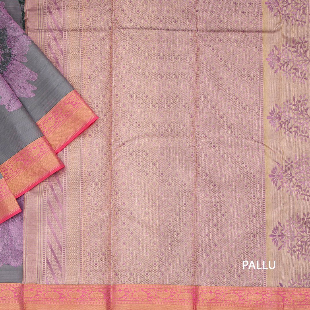 Half And Half Grey Silk Saree With Abstract And Floral Patterns