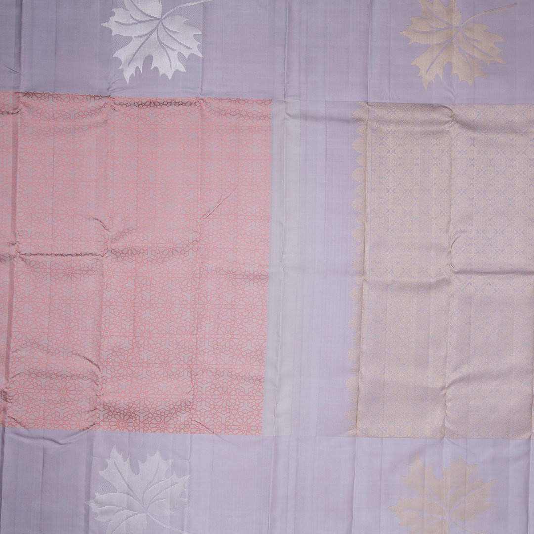 Lilac Silk Saree With Pink Thread Work On Body And Silver Leaf Motif On Border