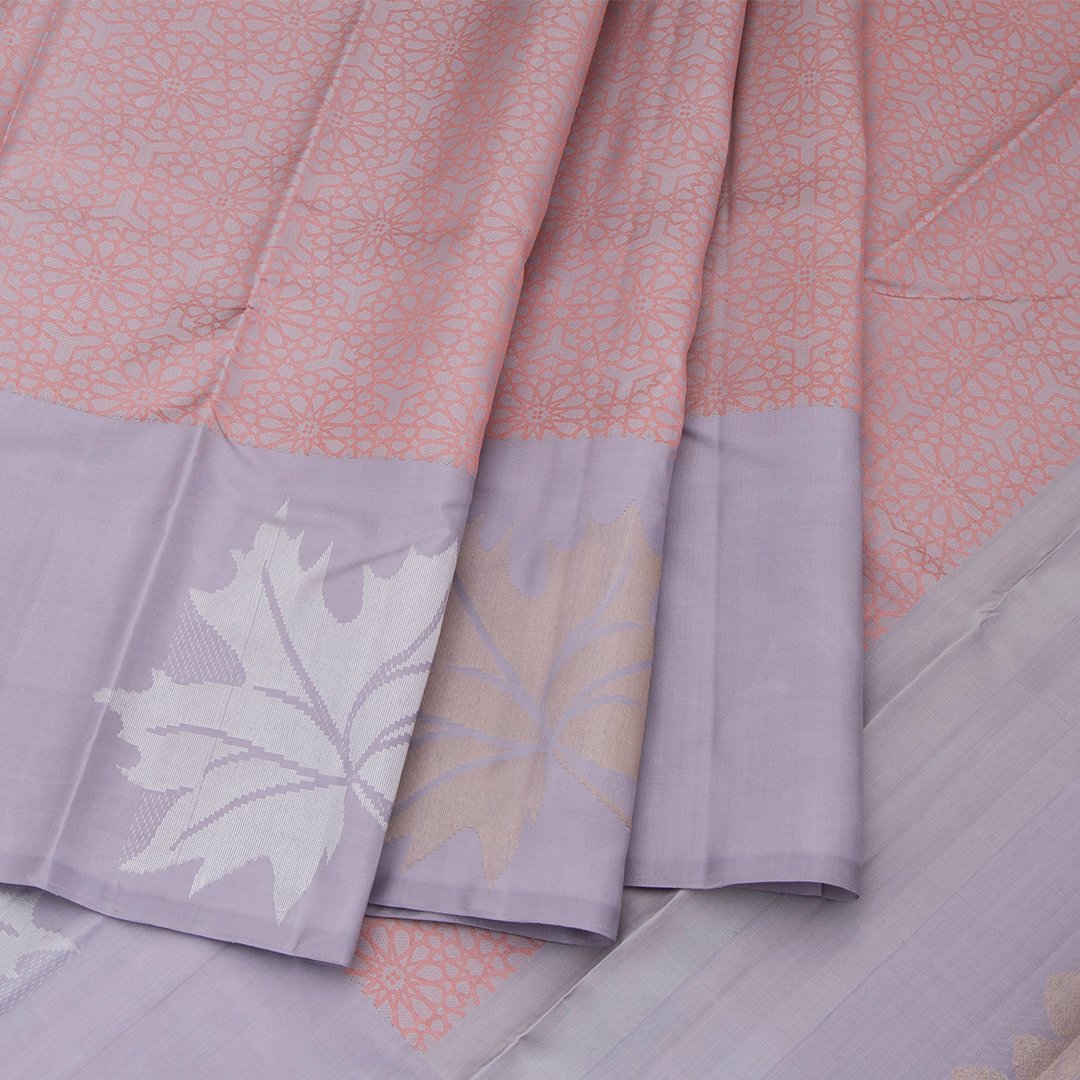 Lilac Silk Saree With Pink Thread Work On Body And Silver Leaf Motif On Border