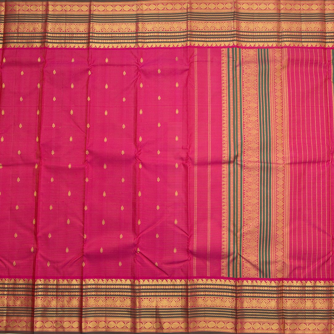Hot Pink Striped Silk Saree With Small Buttas On A Body And Multi Designed Zari Border