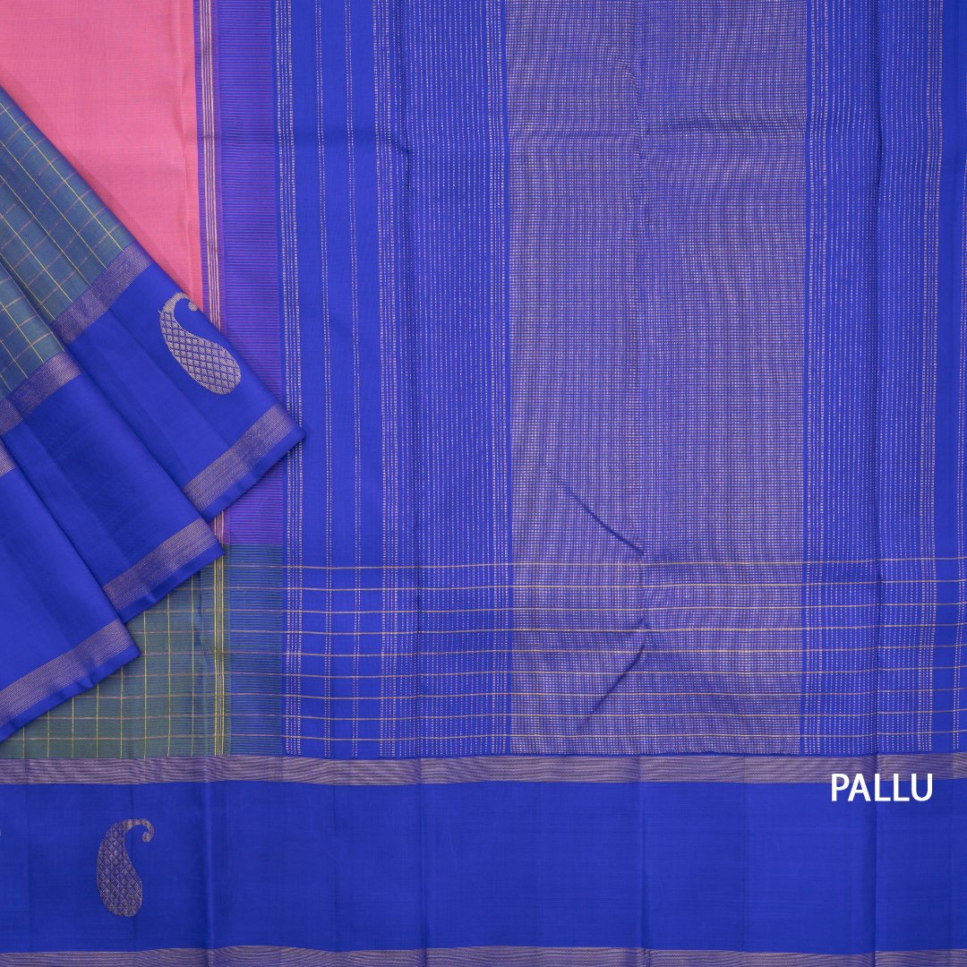 Plain Pink Silk Saree With Green Checked Temple Border Aligned On A Blue Border