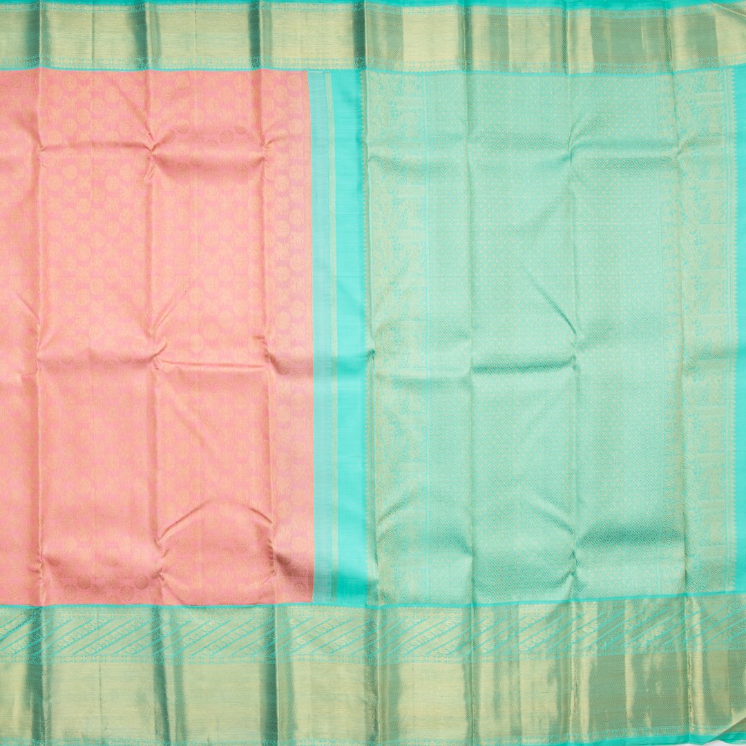 Light Pink Silk Saree With Horse And Chakra Motifs On The Body And Aqua Blue Border