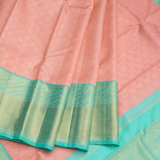 Light Pink Silk Saree With Horse And Chakra Motifs On The Body And Aqua Blue Border