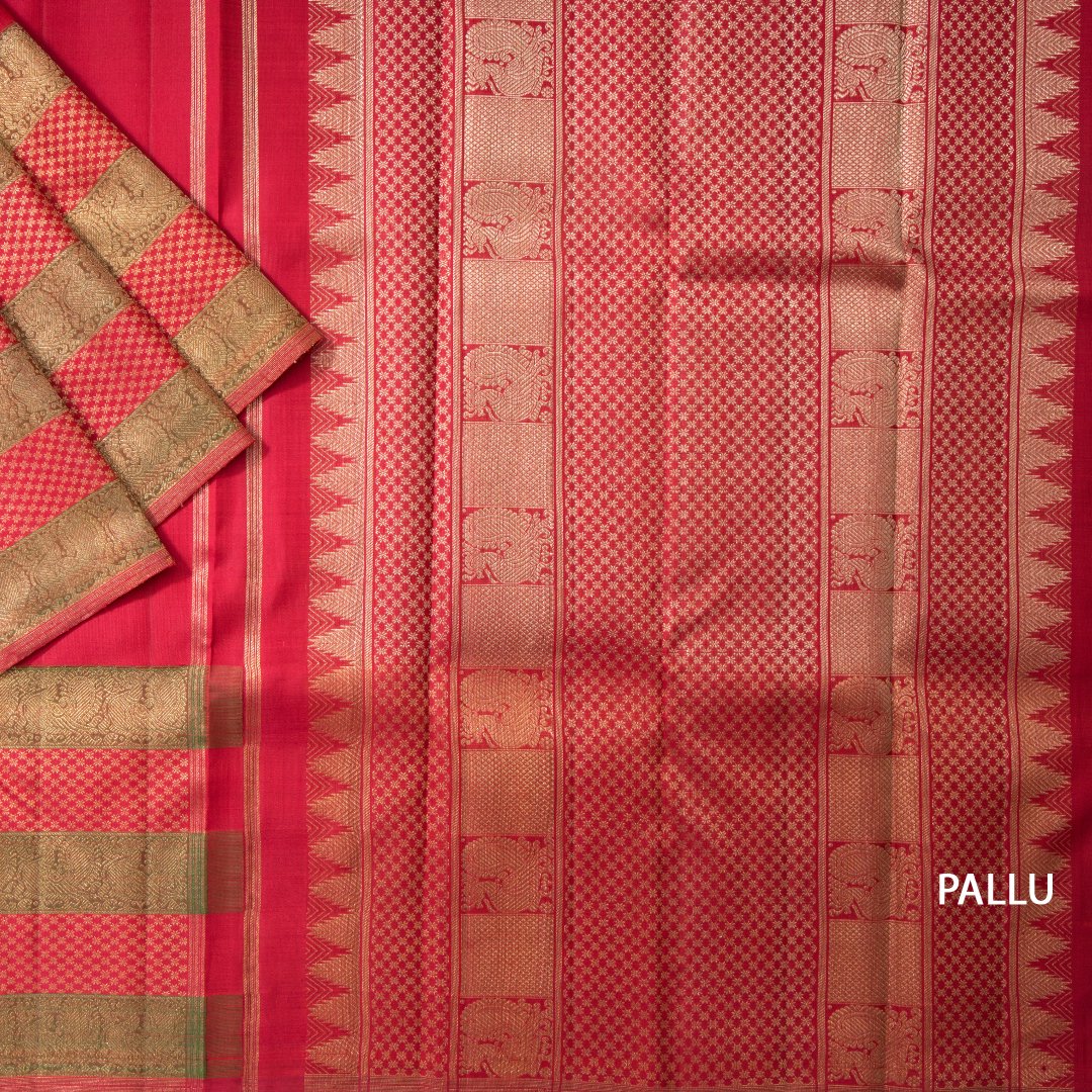 Ferrari Red Plain Silk Saree With Temple Design On The Pallu And Peacock And Floral Zari Border