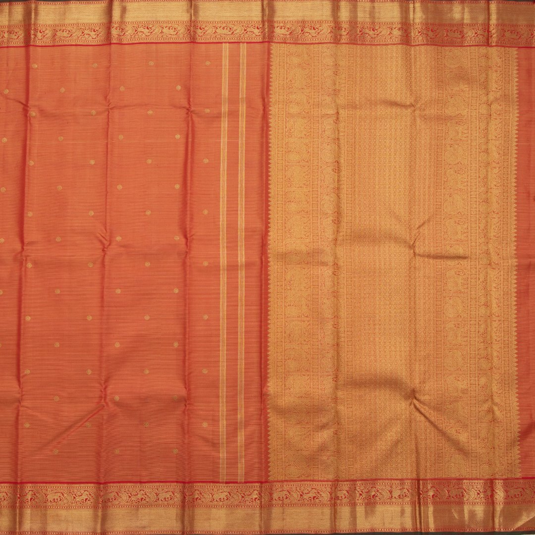 Dark Orange Silk Saree With Small Buttas On The Body And Animal Motif On The Pallu And Border