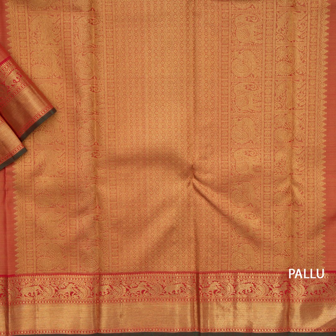 Dark Orange Silk Saree With Small Buttas On The Body And Animal Motif On The Pallu And Border