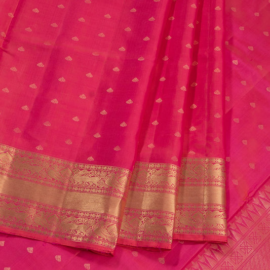 Ruby Pink Silk Saree Spade Buttas And Temple Design On The Pallu with Peacock And Yazhi Gold Zari Border