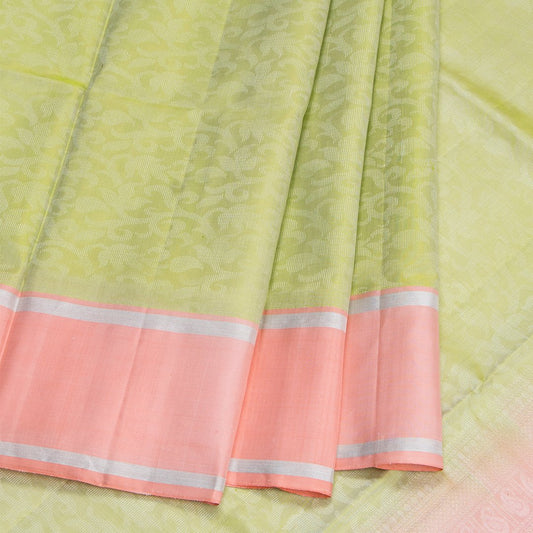 Lime Green Floral Silk Saree Mango And Floral Design On the Pallu And Peach Border