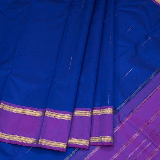 Blue Silk Saree With Malli Moggu Zari Buttas On The Body And Purple Border