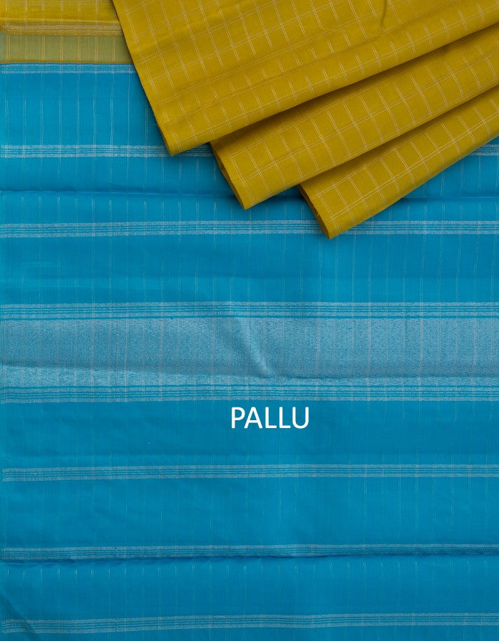 Leaf Green No Border Checked Silk Saree With Blue Pallu