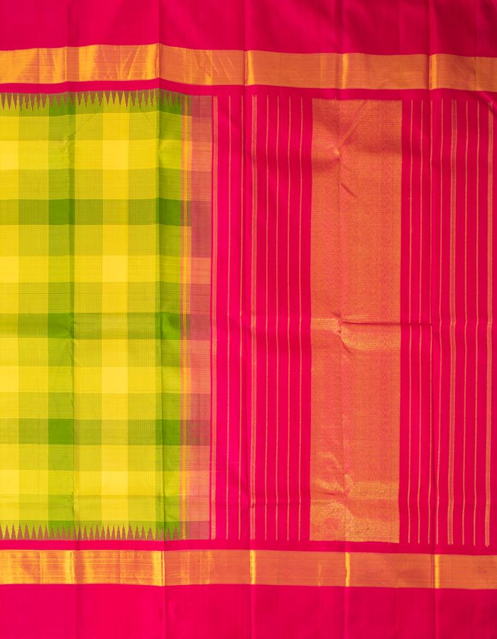 Green And Yellow Checked Silk Saree With Dark Pink Temple Border