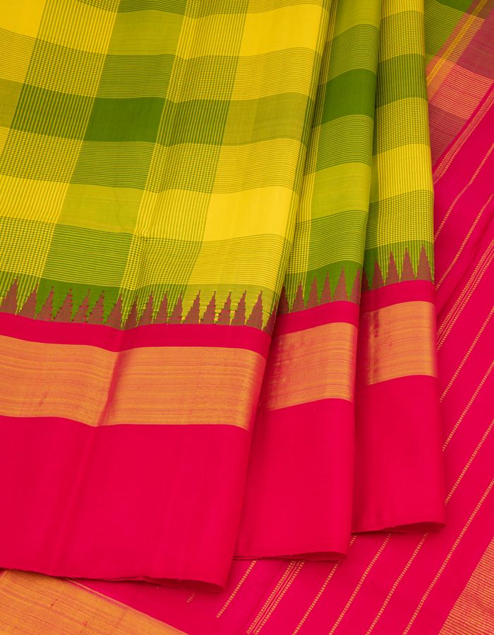 Green And Yellow Checked Silk Saree With Dark Pink Temple Border
