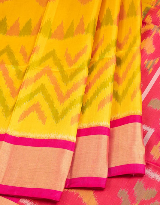Mustard Soft Silk Saree With Dark Pink Pochampally Pallu