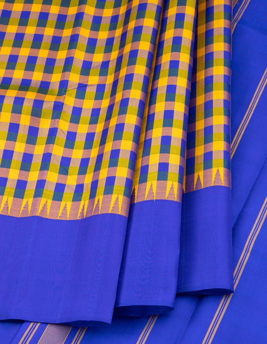 Blue Green And Yellow Checked Silk Saree