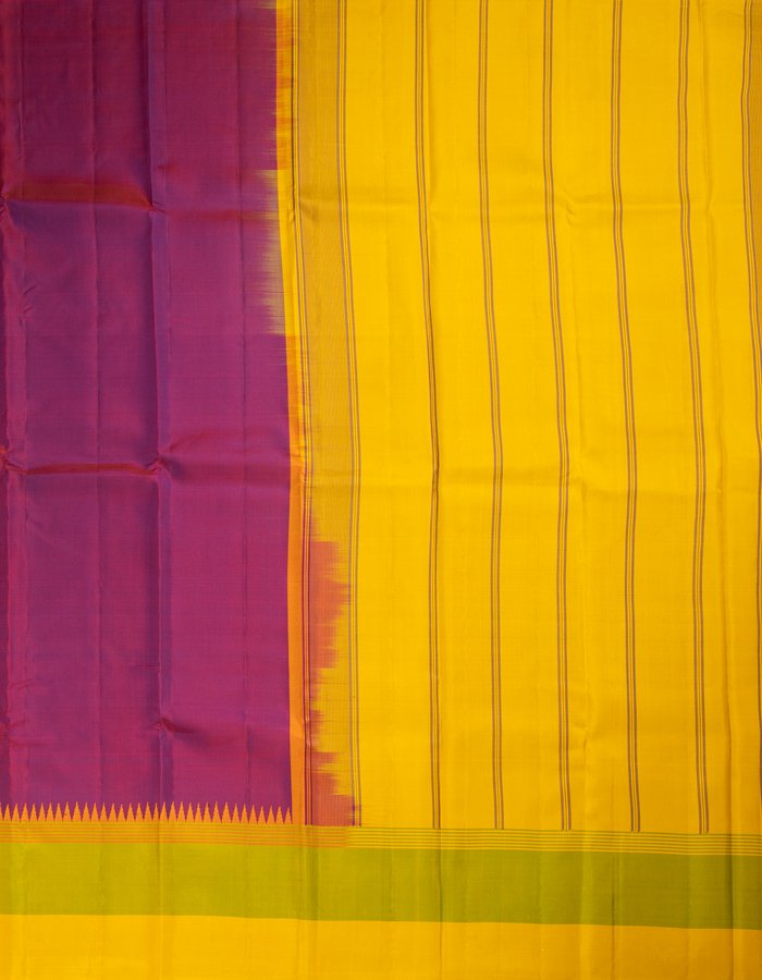 Purple Silk Saree With Yellow And Green Temple Border
