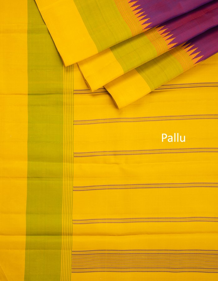 Purple Silk Saree With Yellow And Green Temple Border