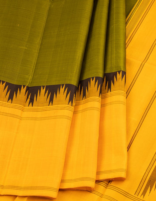 Green Silk Saree With Yellow And Black Thalampoo Reku Border