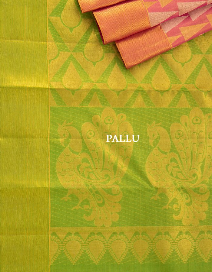 Pink Tissue Silk Saree With Triangle Patterns In Gold And Silver Zari