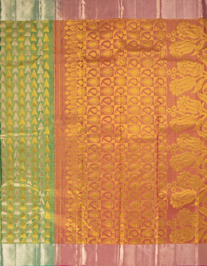 Green Tissue Silk Saree With Triangle Patterns In Gold And Silver Zari