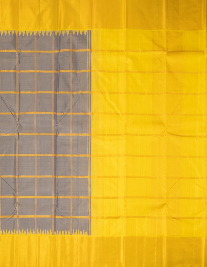Grey Checked Silk Saree With Yellow Temple Border