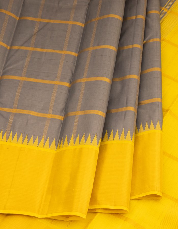 Grey Checked Silk Saree With Yellow Temple Border