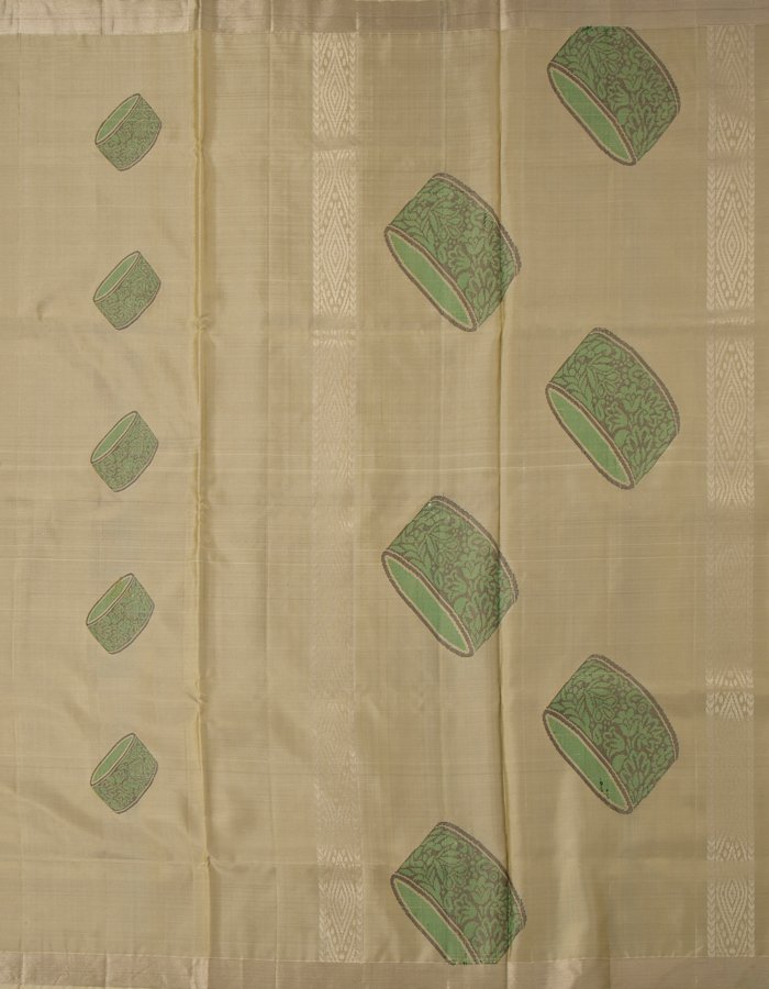 Beige Soft Silk Saree With Green Instrument Patterned Thread Work