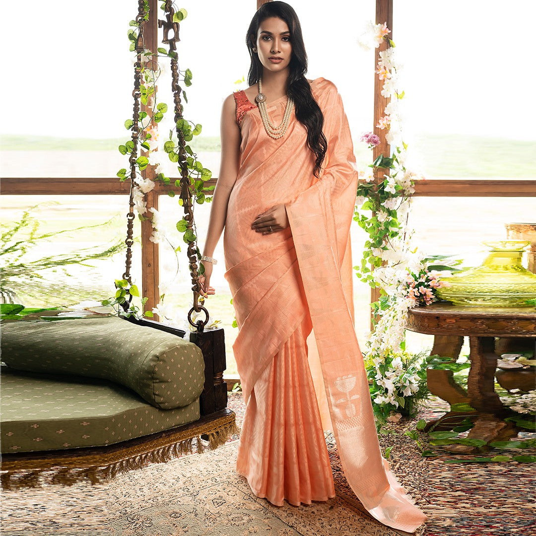 Baby Pink No Border Self Designed Silk Saree With Silver Zari Pallu
