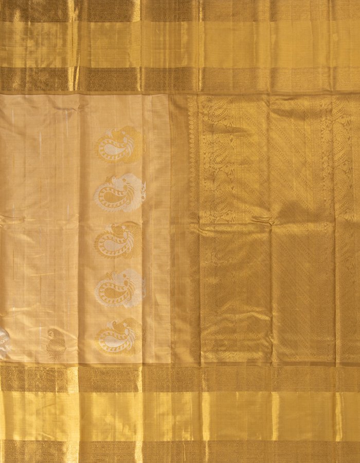 Gold Beige Silk Saree With Silver Malli Moggu And Paisley Patterns In Silver Zari