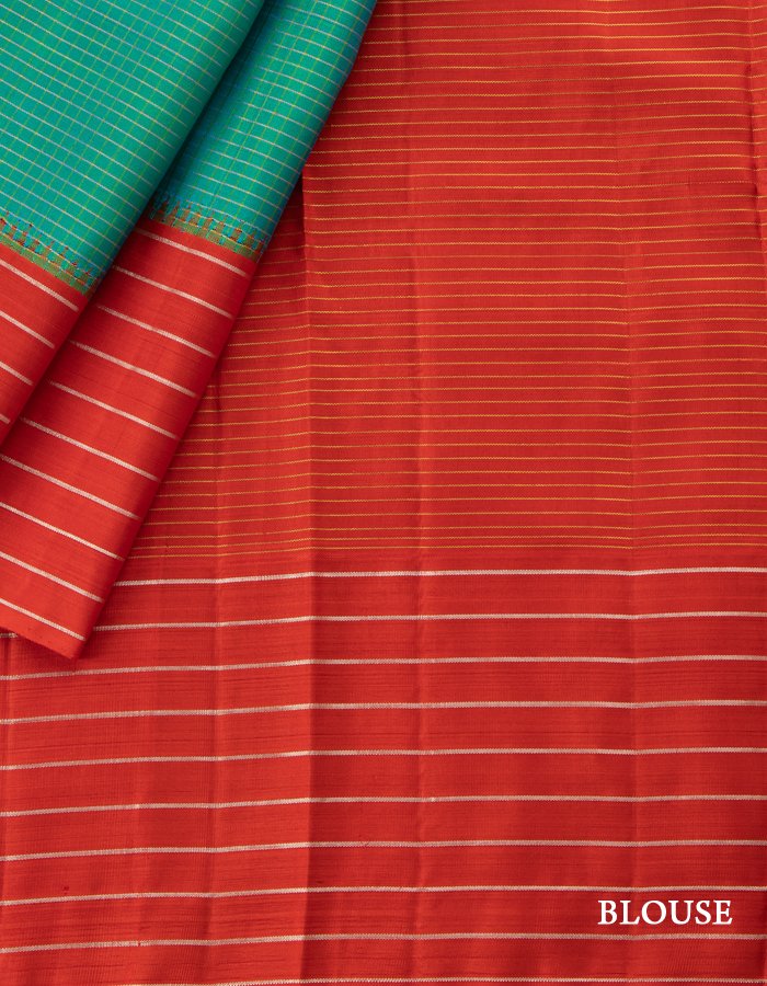 Blue Micro Checked Silk Saree With Striped Red Border