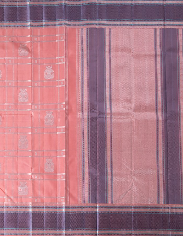 Light Pink Silk Saree With Silver Zari Checks And Thread Border