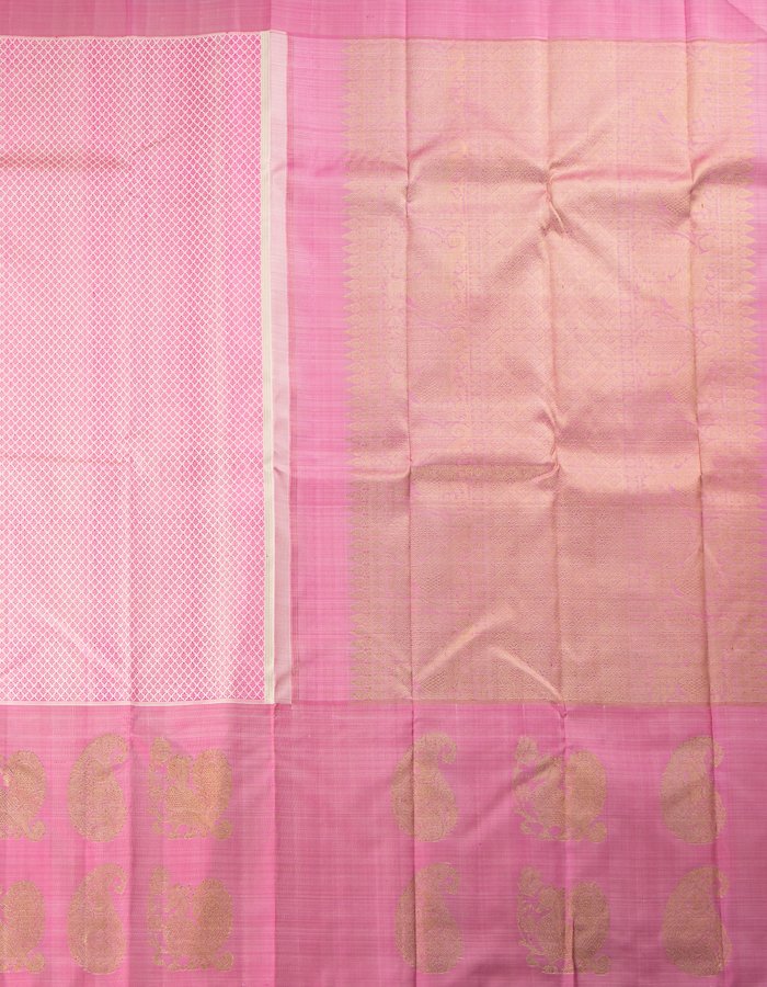 Pink And White Thread Woven Silk Saree With Long Pink Border