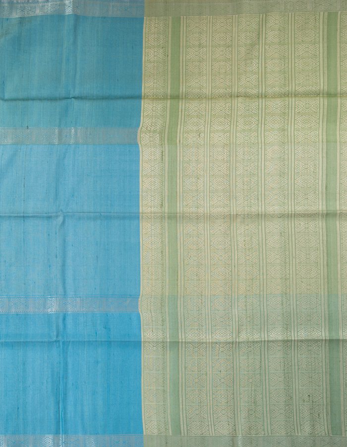 Blue green and beige striped raw silk saree