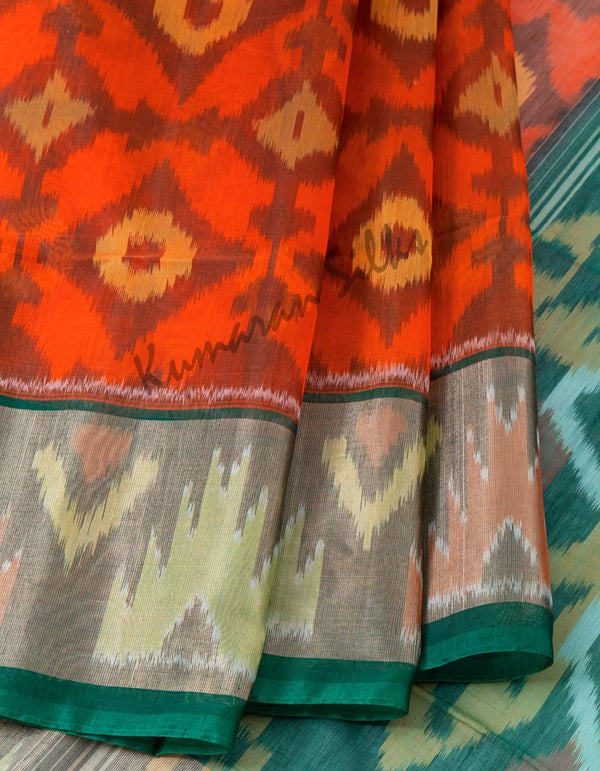 Orange Pochampally Silk Cotton Saree With Ikat Border 02