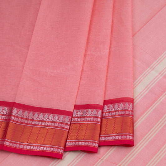 Chettinad Cotton Embroidered Watermelon Pink Saree Without Blouse