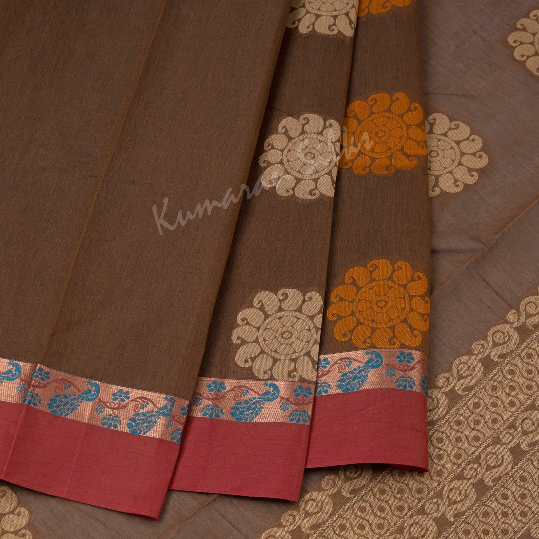 Negamam Cotton Embroidered Dark Brown Saree