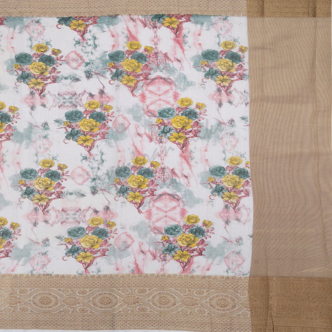 Semi Raw Silk Printed White Saree