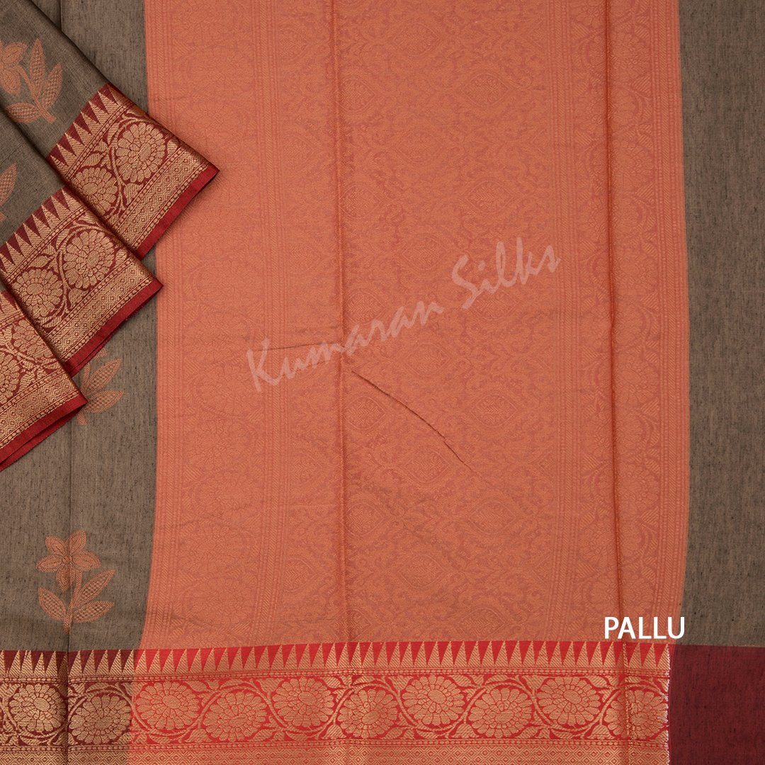 Jute Cotton Embroidered Wood Brown Saree 02