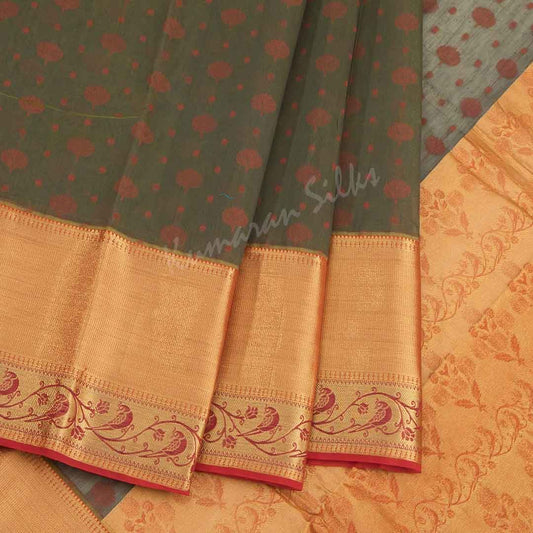 Silk Cotton Embroidered Olive Green Saree 04
