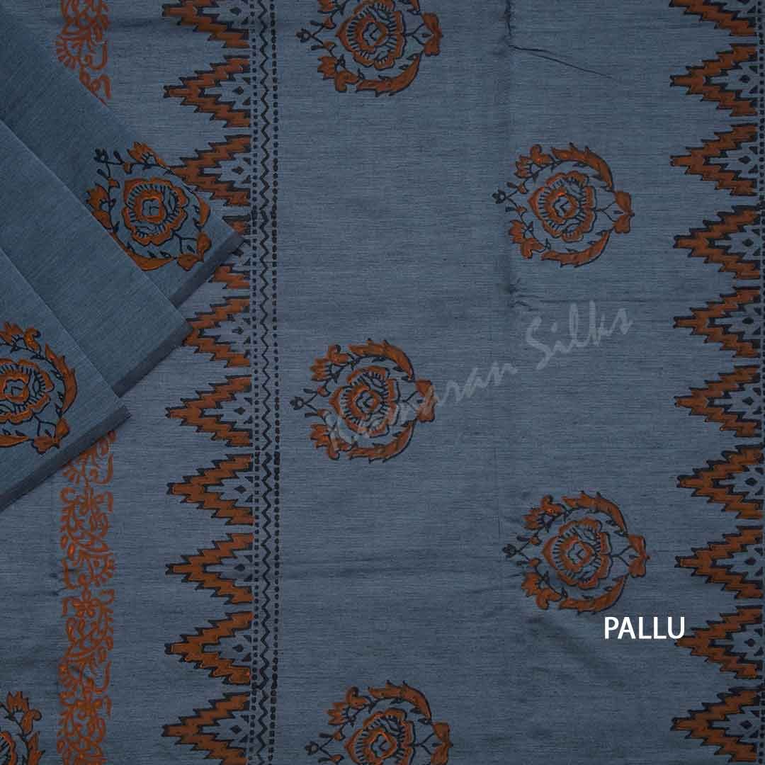 Poly Cotton Printed Greyish Blue Saree