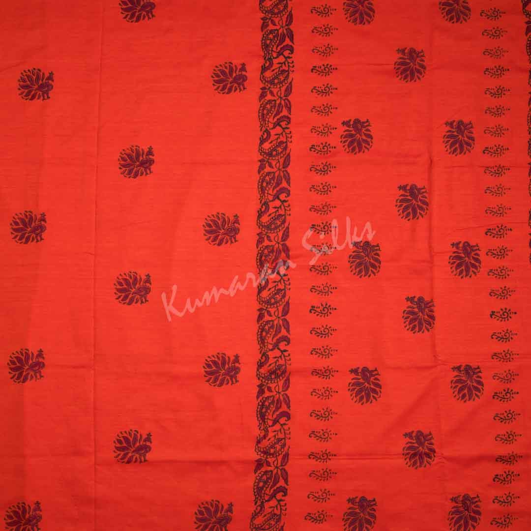 Poly Cotton Printed Reddish Orange Saree